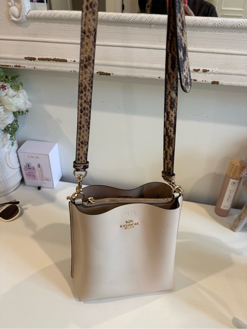 Coach Cream Pebble Leather Crossbody with Snakeskin-Print Strap